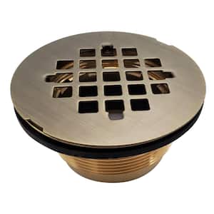 2 in. No-Caulk Brass Compression Shower Drain with 4-1/4 in. Round Grid Cover, Antiques Brass