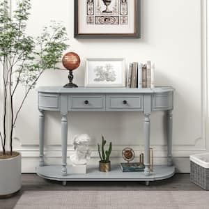 52 in. Gray Wash Circular Curved Wood Console Table with Open Shelf and 2-Drawers Elegant Hallway Sofa for Living Room