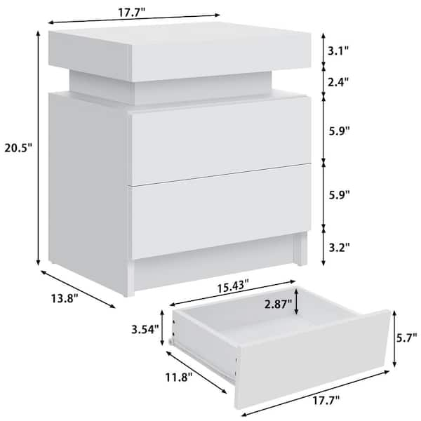 WOODYHOME 2-Drawer LED White Nightstand 20.5 in. H x 17.7 in. W x 