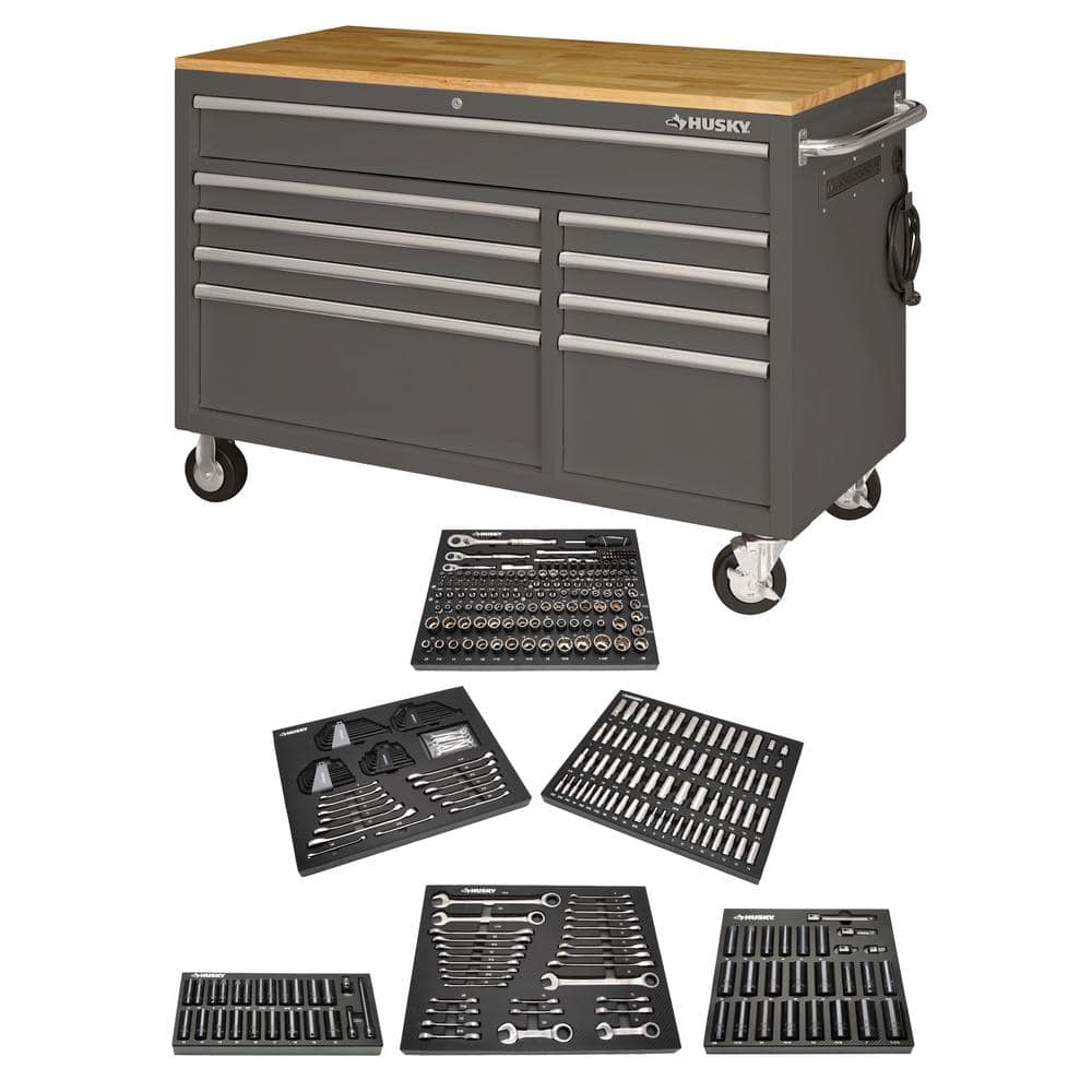 52 in. W x 25 in. D 9-Drawer Gloss Gray Mobile Workbench Tool Chest with Me