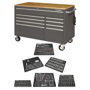 52 in. W x 25 in. D 9-Drawer Gloss Gray Mobile Workbench Tool Chest with Mechanics Tool Set in Foam (370-Piece)