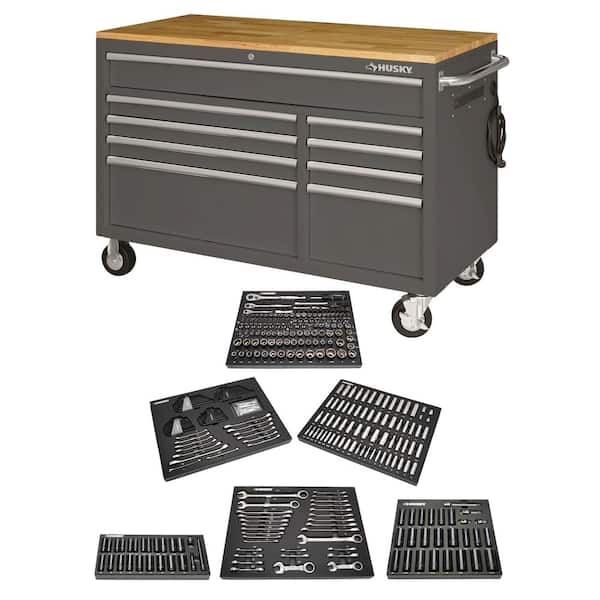 Husky 52 in. W x 25 in. D 9-Drawer Gloss Gray Mobile Workbench Tool Chest with Mechanics Tool Set in Foam (370-Piece)