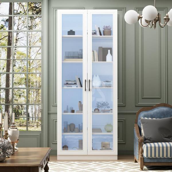 FUFU&GAGA White Wood 31.5 in. W Display Cabinet with Tempered