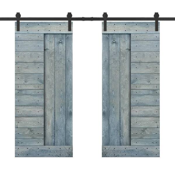 CALHOME 48 in. x 84 in. Denim Blue Stained DIY Knotty Pine Wood Interior Double Sliding Barn Door with Hardware Kit