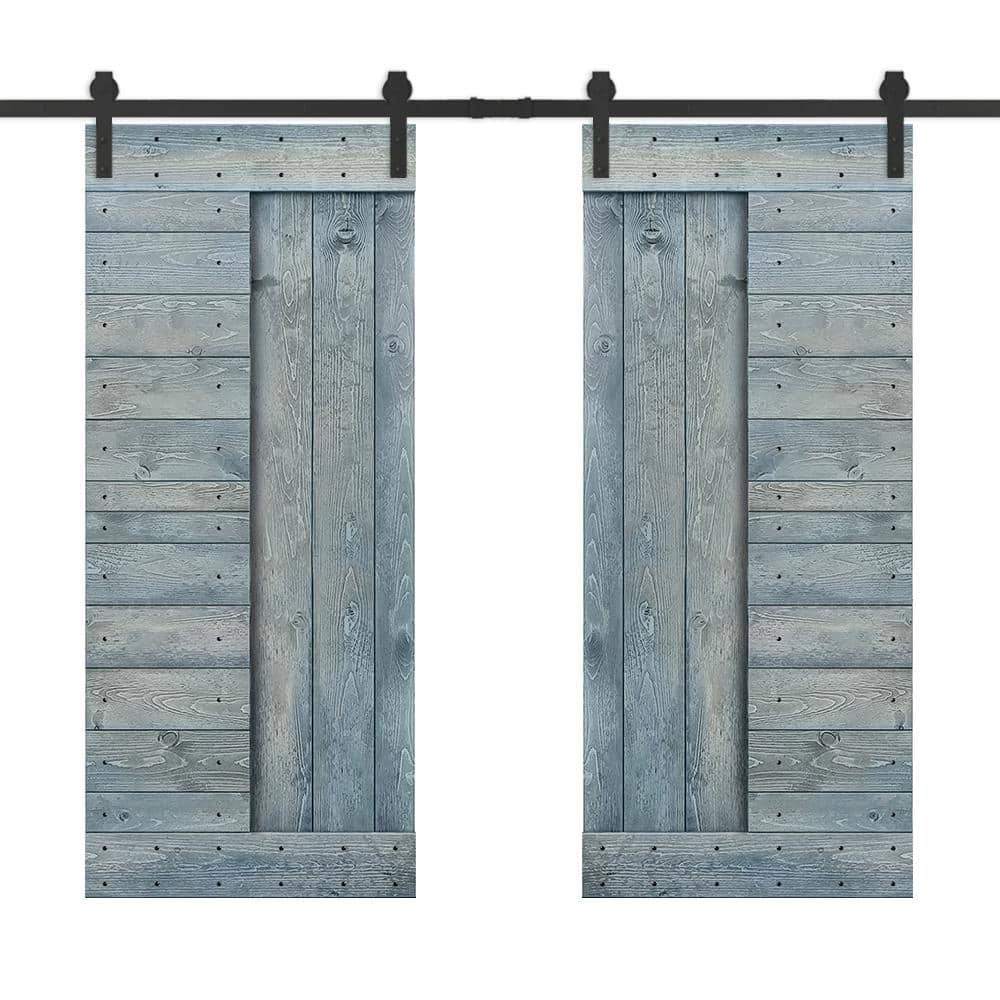 60 in. x 84 in. Denim Blue Stained DIY Knotty Pine Wood Interior Double Sliding Barn Door with Hardware Kit price history on PriceWatchPro