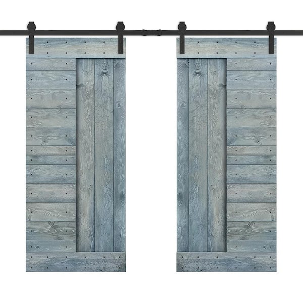 CALHOME 60 in. x 84 in. Denim Blue Stained DIY Knotty Pine Wood Interior Double Sliding Barn Door with Hardware Kit