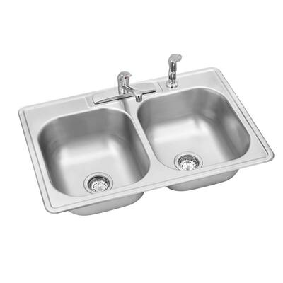 Swift Install All-in-One Drop-In Stainless Steel 33 in. 4-Hole Double Bowl Kitchen Sink Kit