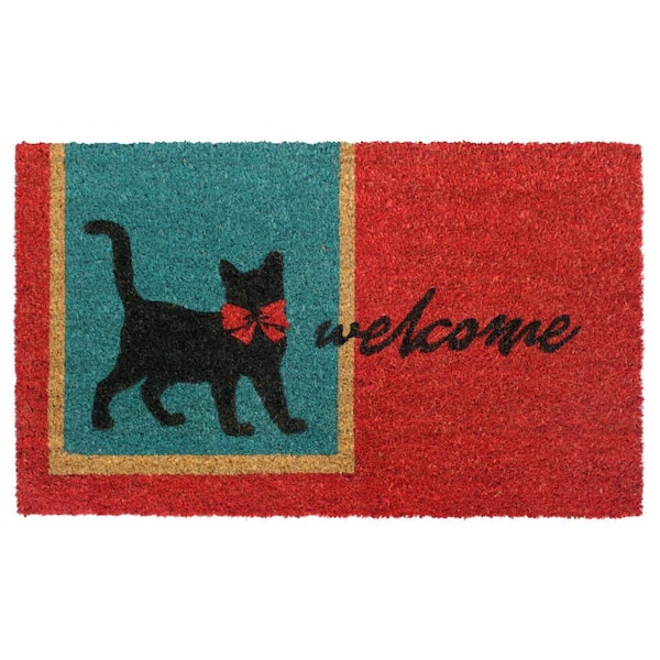 RugSmith Red Welcome Cat 18 in. x 30 in. Doormat