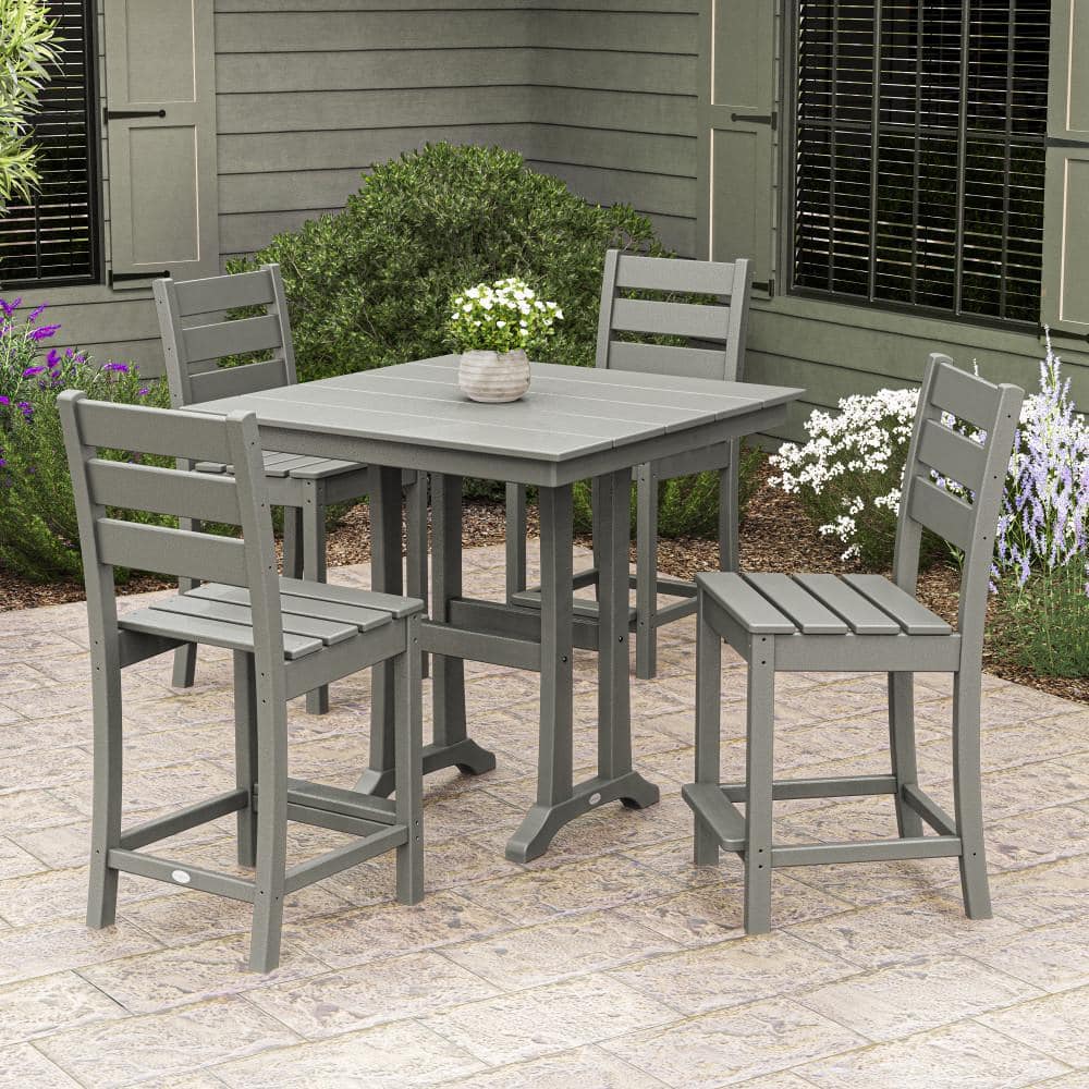 Grant Park Slate Grey 5 Piece HDPE Plastic Side Chair Farmhouse Trestle Counter Set