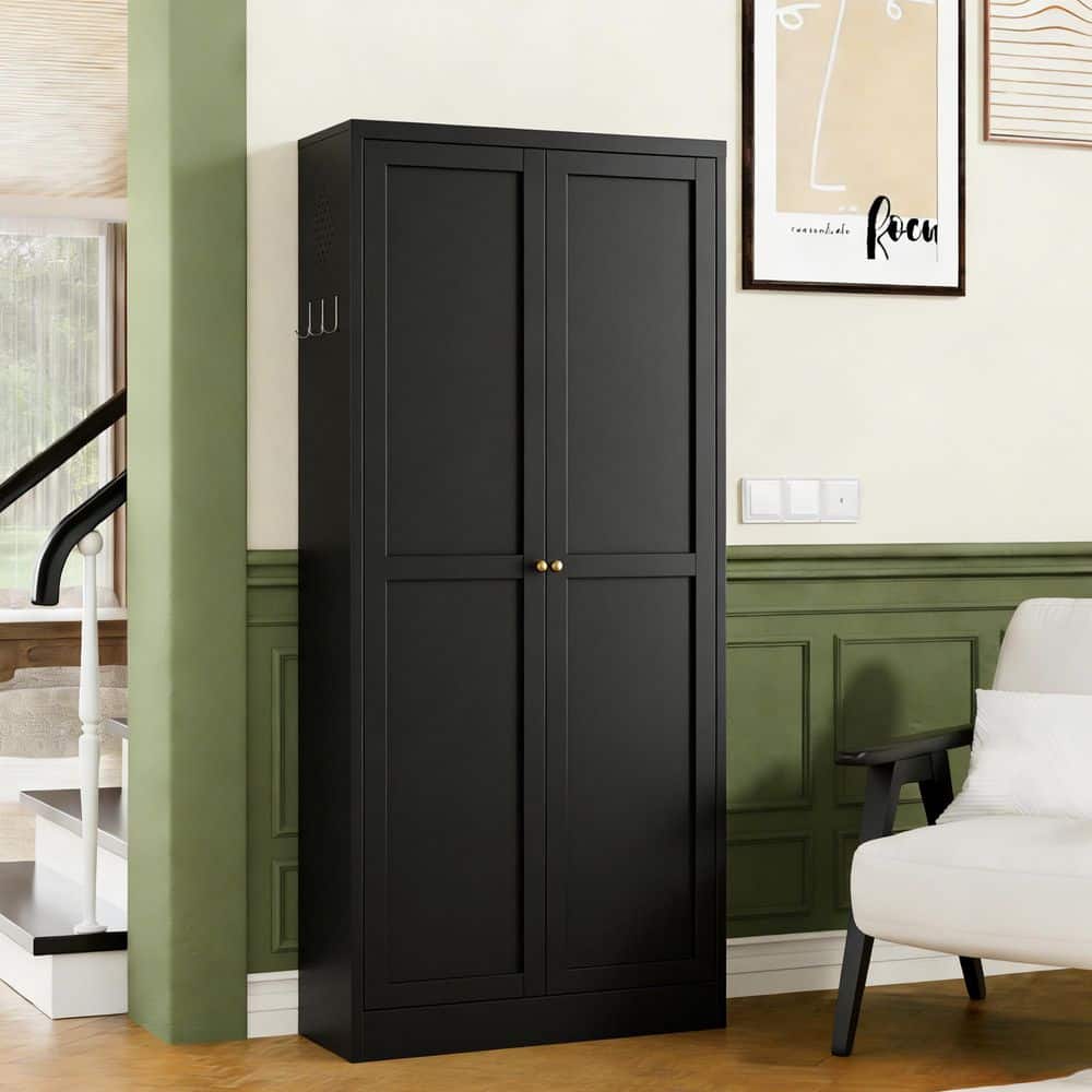 28 in. W x 14 in. D x 61 in. H Tall Metal Black Freestanding Linen Cabinet with Adjustable Storage, Pantry Organizer