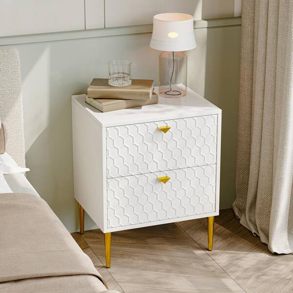 sumyeg White 2 Drawer Nightstand 19.69 in. W with Adjustable Foot Nails for Bedroom, Living Room