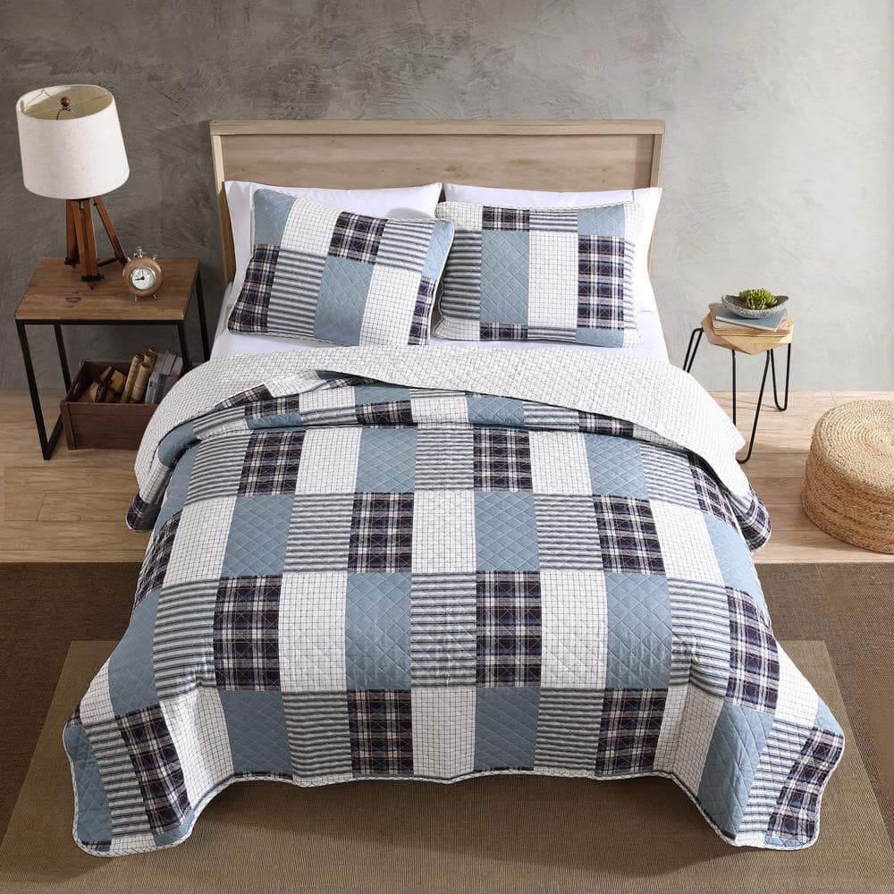 Camano Island Twin Quilt Set in Blue and White Cotton Patchwork