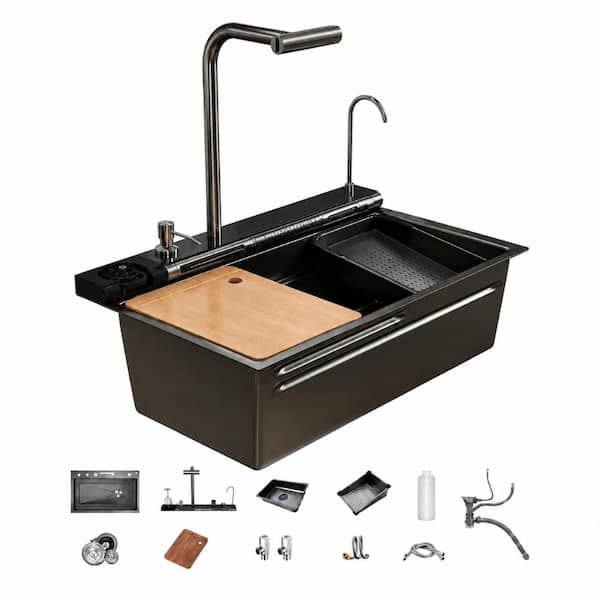 29.5 in. Drop-In Single Bowl Smart Stainless Steel Workstation Sink with Dual Waterfall and 4-in-1 Faucet