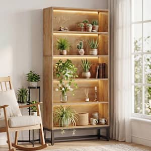 Eulas 70.47 in. Tall Brown 5-Tier LED Lights Wood Bookcase with Metal Frame, Bookshelf for Living Room, Bedroom