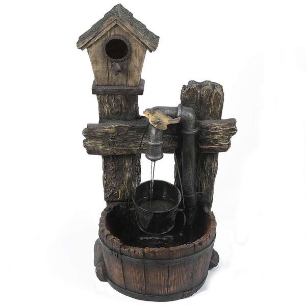 LuxenHome Polyresin Rustic Bird House and Barrel Patio Cascade Fountain with LED Lights