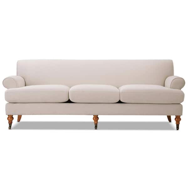 Jennifer Taylor Alana 88 in. Rolled Arm Lawson French Country Three-Cushion Tightback Sofa Couch with Metal Casters in Sky Neutral Beige