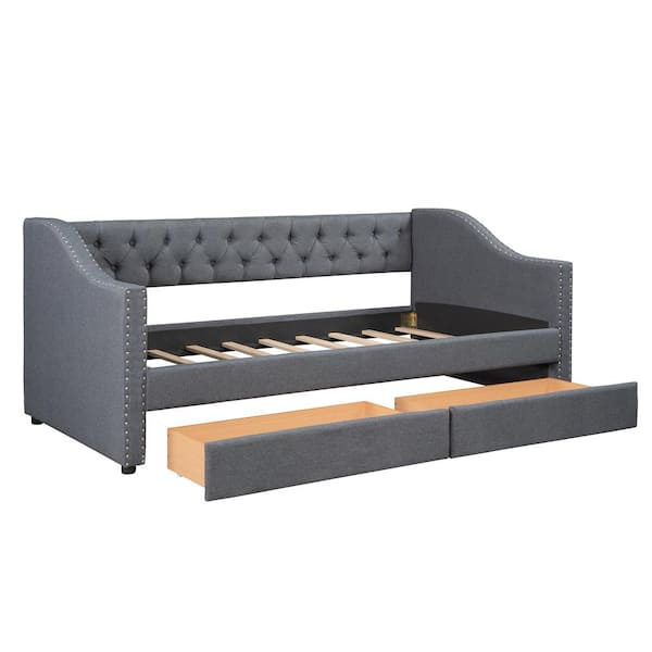 Gray Wood Frame Twin Size Upholstered Daybed with 2-Drawer, Tufted Back, Notched Arms with Nailhead Trim