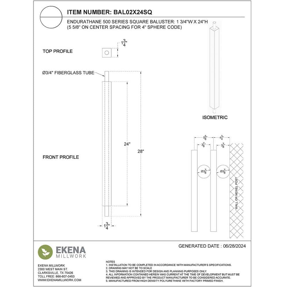 Endurathane White Resin Square Baluster, 24" Height