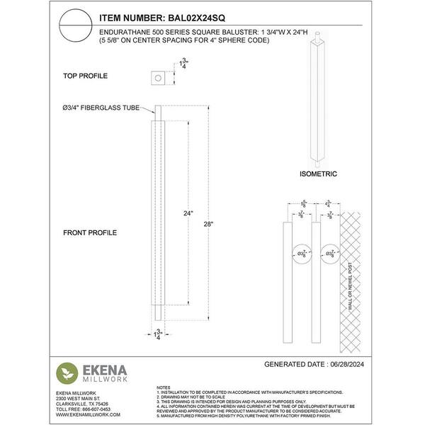 Ekena Millwork Endurathane 500 Series 28 in. H x 1.75 in. W White Resin Stair Baluster