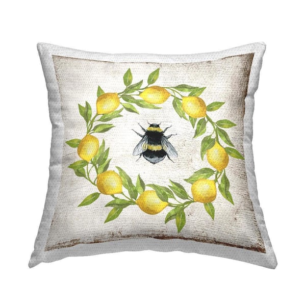 Lemon and Bee Wreath Yellow Square Outdoor Throw Pillow