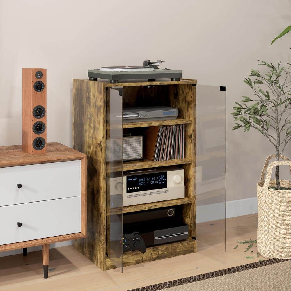 Rustic Brown 5-Tier Media Stand Cabinet with Glass Doors