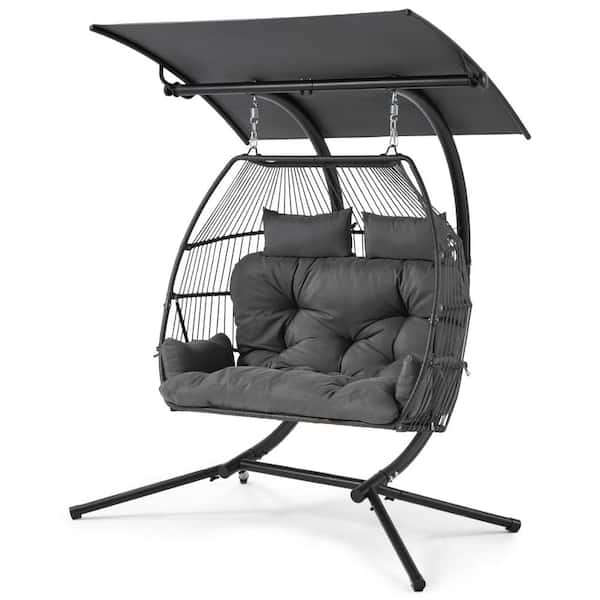 Unbranded Hanging Double Egg Chair with Metal Stand, includes Extra Seat Cushion, Hanging Chair for Patio Bedroom Balcony, Gray