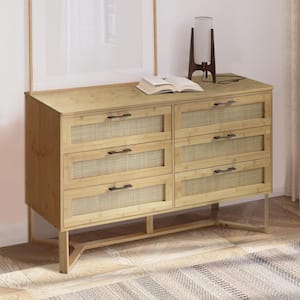 47.4 in. W Rattan 6-Drawer Chest of Drawer Bamboo Dresser in Yellow