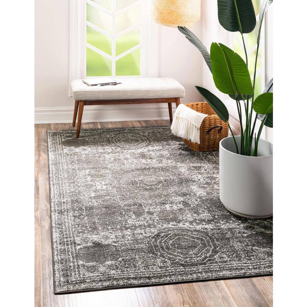 Dark Gray Rectangular Synthetic Low Pile Area Rug
