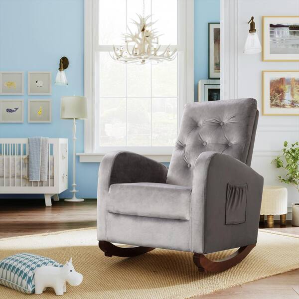Gray Velvet High Back Rocking Chair, Gray Glider Chair For Nursery