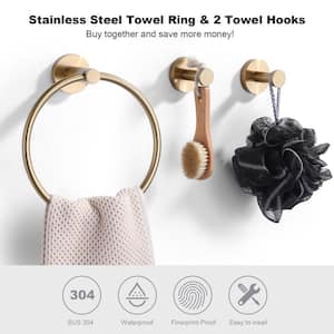 Stainless Steel 3-Piece Bath Hardware Set with Towel Ring, 2-Towel Hooks, and Mounting Hardware Included in Gold