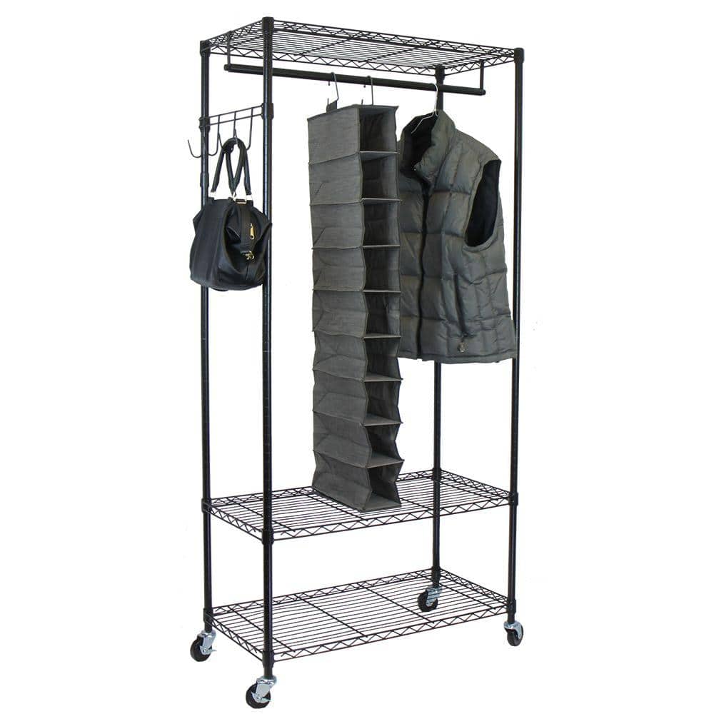 Black Steel Portable Garment Rack with Adjustable Shelves