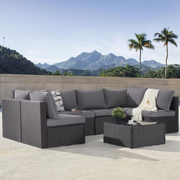 BFB 7-Piece Brown Wicker Patio Conversation Sofa Set - Outdoor Sectional Seating Set
