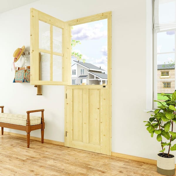 30 in. x 80 in. Solid Pine Universal 4-Lite Clear Glass and 2-Panel Unfinished Dutch Door Design Wood Front Door Slab