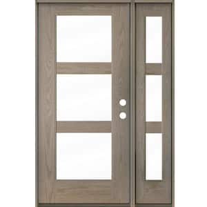 Modern 50 in. x 80 in. 3-Lite Left-Hand Inswing Clear Glass Oiled Leather Stain Fiberglass Prehung Front Door RSL