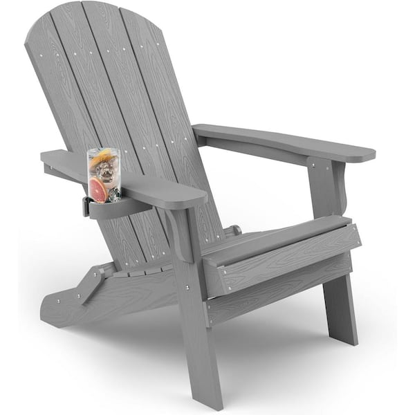 Mximu Grey Plastic Outdoor Folding Adirondack Chair with Cup Holder