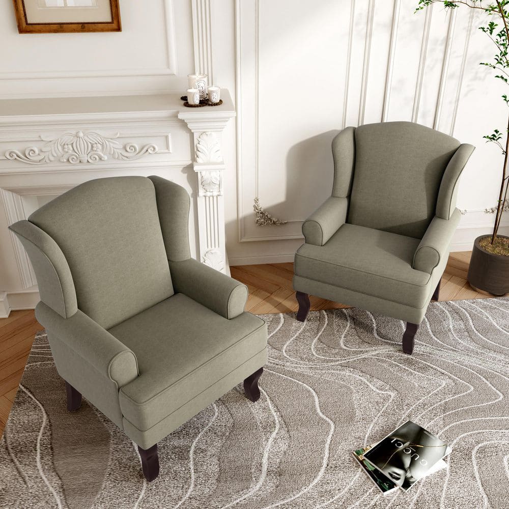 Light Camel Linen Wood Legs Upholstered Accent Arm Chair with Wingback (Set of 2) price history on PriceWatchPro