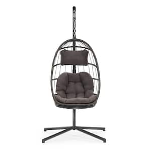 Anky 54.7 in W 2-Person Brown Wicker Porch Swing Hanging Egg Chair with Stand, Dark Gray Cushions