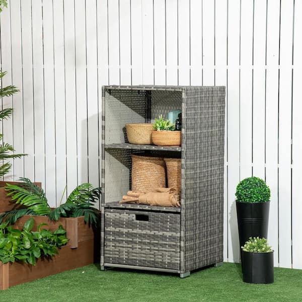 Outsunny Outdoor Deck Box And Waterproof Shoe Storage, PE Rattan Wicker Towel Rack With Liner For Indoor, Outdoor, Patio Furniture Cushions, Pool