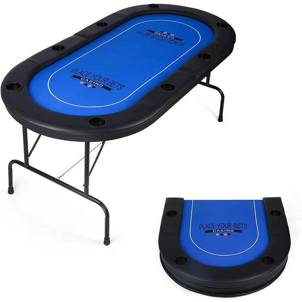 Amucolo Blue Foldable 6-8 Players Poker Table Texas Holdem Poker Casino Games with Faux Leather Padded Rails and Cup Holders