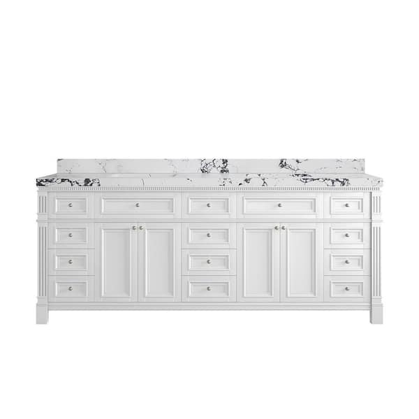 Willow Collections Paris 84 in. W x 22 in. D x 36 in. H Double Sink Bath Vanity in White with 2 in. Viola Night qt. Top