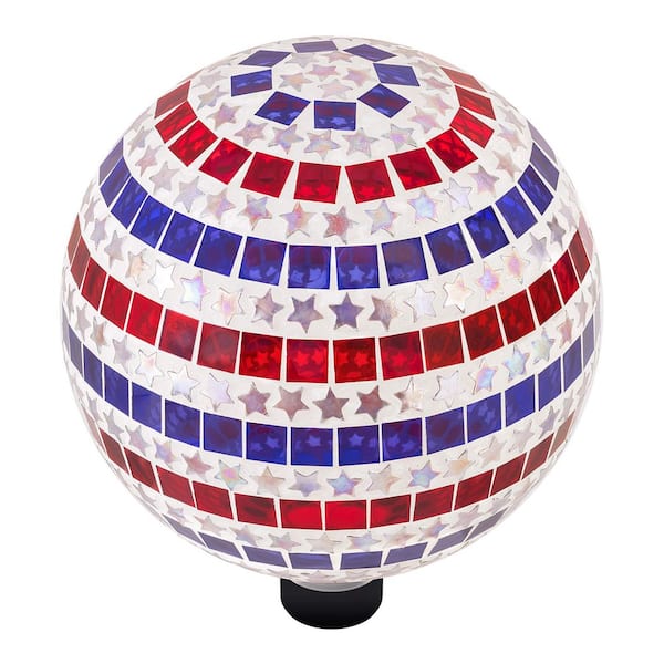 10 in. Dia Indoor/Outdoor Patriotic Glass Stars and Stripes Gazing Globe Yard Decoration, Red, White and Blue