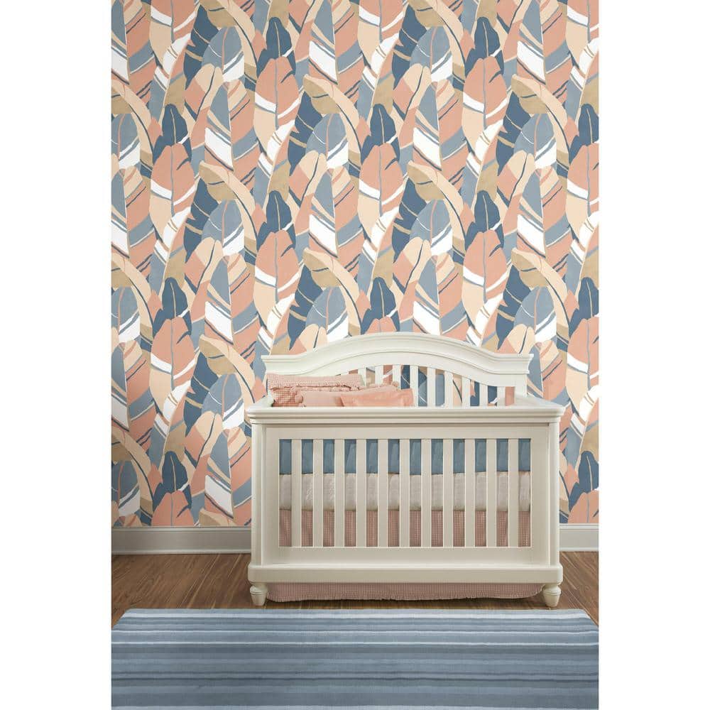 Blue and Beige Vinyl Tropical Peel and Stick Wallpaper Roll