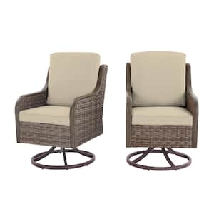 Windsor Brown Wicker Outdoor Patio Swivel Dining Chair with CushionGuard Biscuit Tan Cushions (2-Pack)
