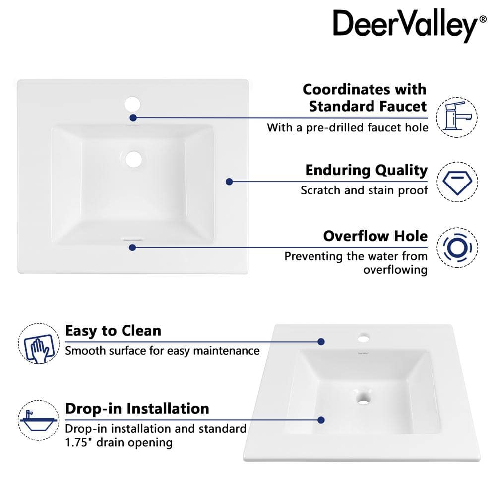 21'' White Rectangular Ceramic Drop-In Bathroom Sink