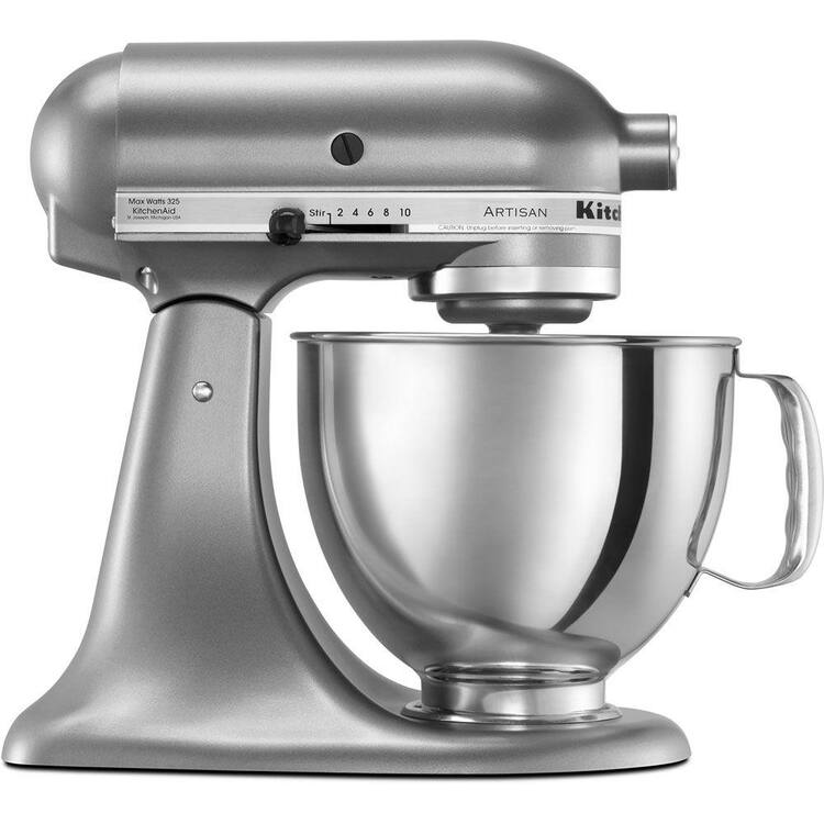 KitchenAid Artisan 5 Qt. 10-Speed Silver Stand Mixer with Flat Beater, 6-Wire Whip and Dough Hook Attachments
