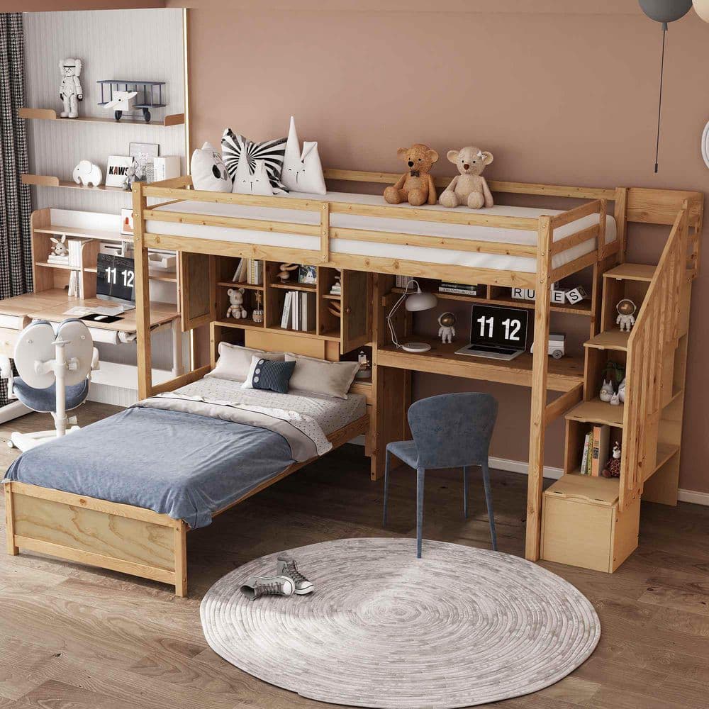 Natural Twin Wood Loft Bed with Built-in Desk and Staircase, With Storage Compartments and Shelves price history on PriceWatchPro