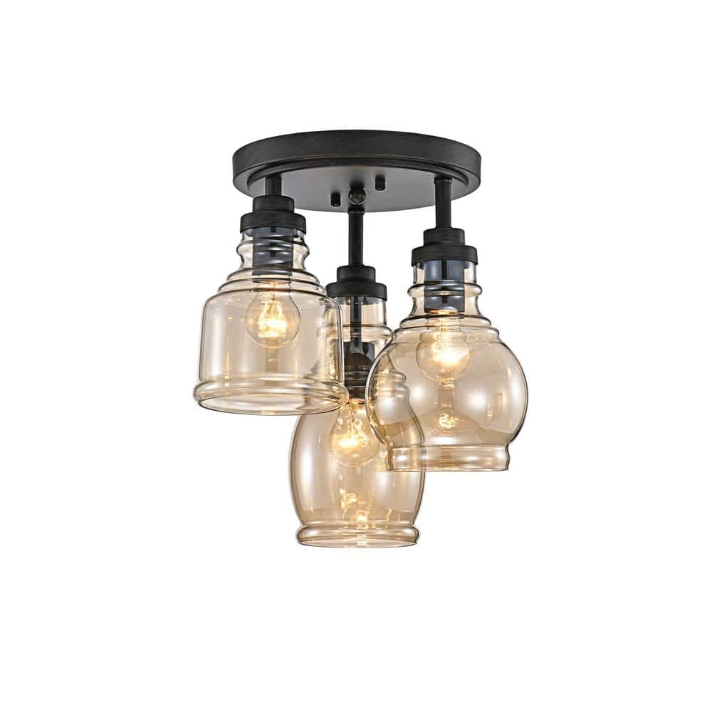 Mavis 13.8 in. 3-Light Antique Black Flush Mount with Cognac Glass Shade -  JojoSpring, LJ-1767-JMP