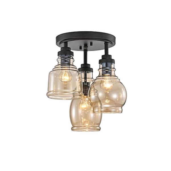 Mavis 13.8 in. 3-Light Antique Black Flush Mount with Cognac Glass Shade