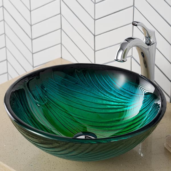 KRAUS Natura 17 in. Round Vessel Bathroom Sink in Green Glass