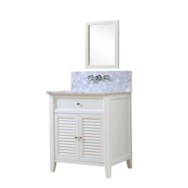 Direct vanity sink Shutter Premium 32 in. Vanity in White with Marble Vanity Top in White Carrara with White Basin and Mirror